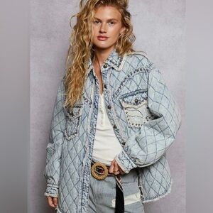POL Light Blue Lined Quilted Studded Denim/Lace Detail Shacket Jacket